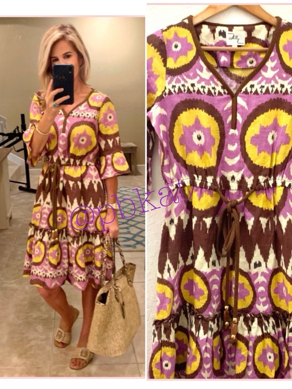Milly Ikat Purple Yellow Ruffle Hem Linen Dress